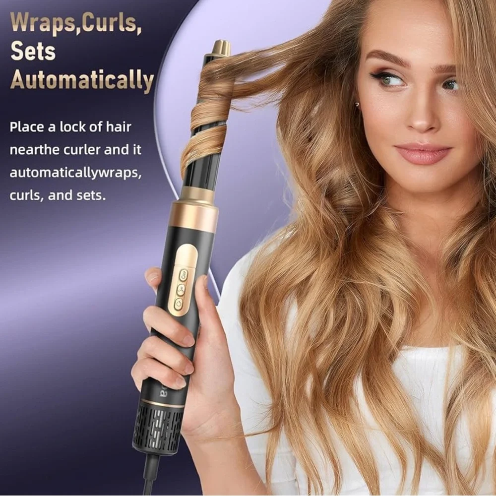NEW! 6 in 1 Hot Air Brush & Hair Dryer with Auto Wrap Curlers Black Gold
